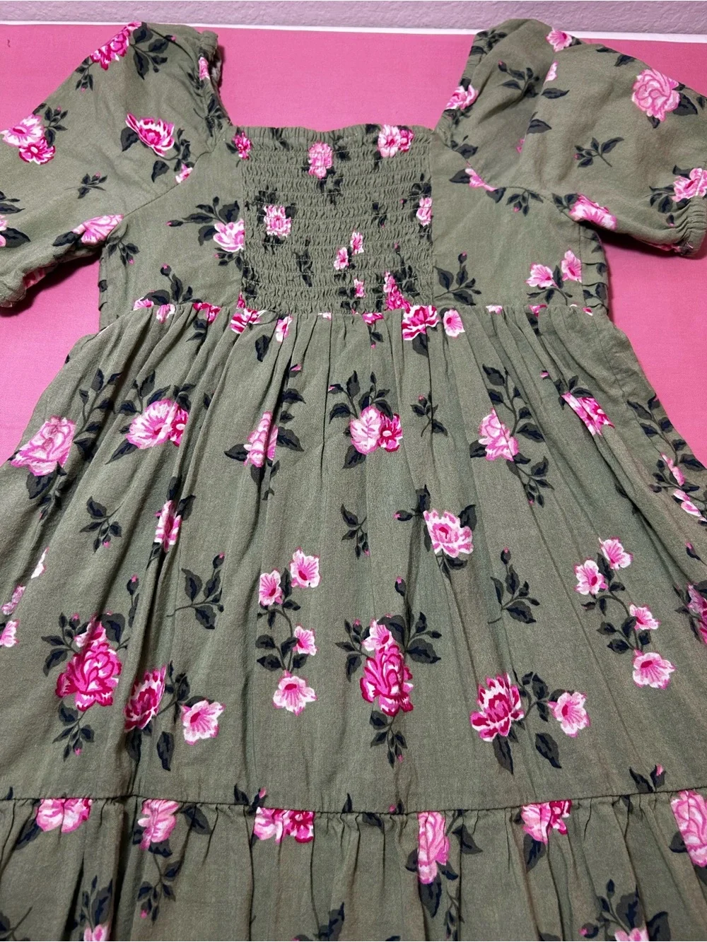 Girls Olive Green Floral Smocked Dress with Pink Roses Size 5